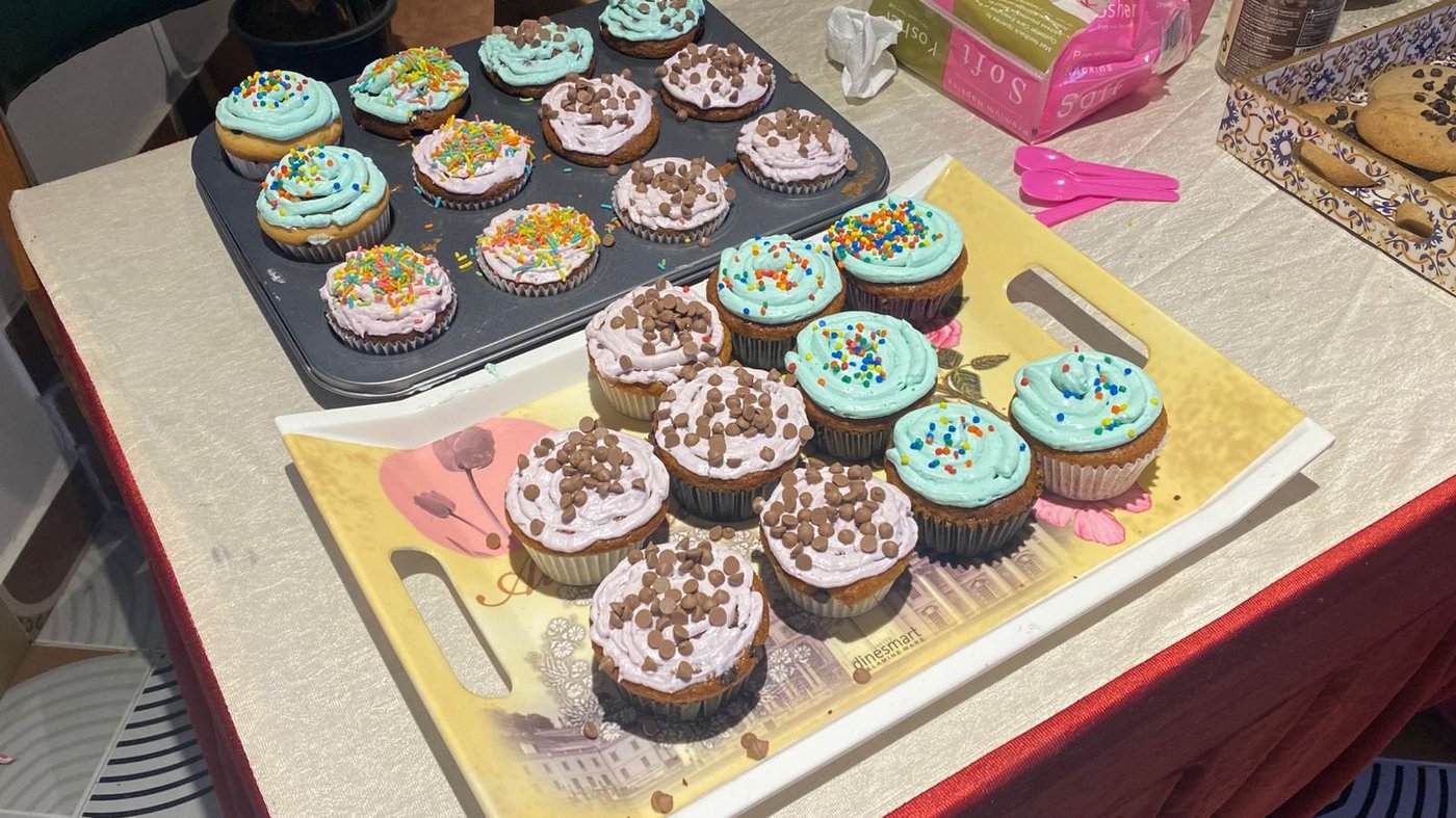 Frosted cupcakes prepared for the bake sale